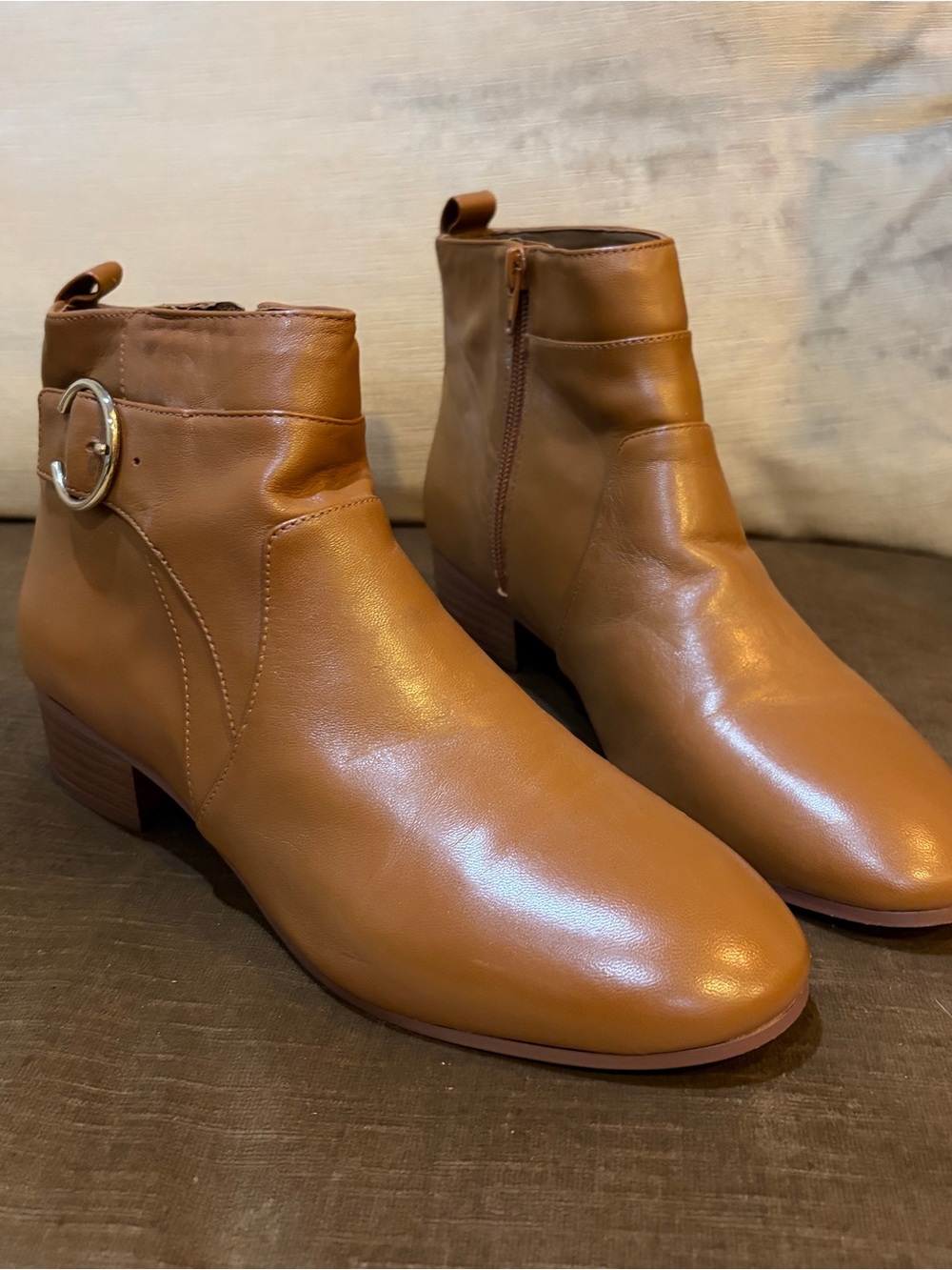 Nine West Tan Leather Ankle Booties with Side Buckle